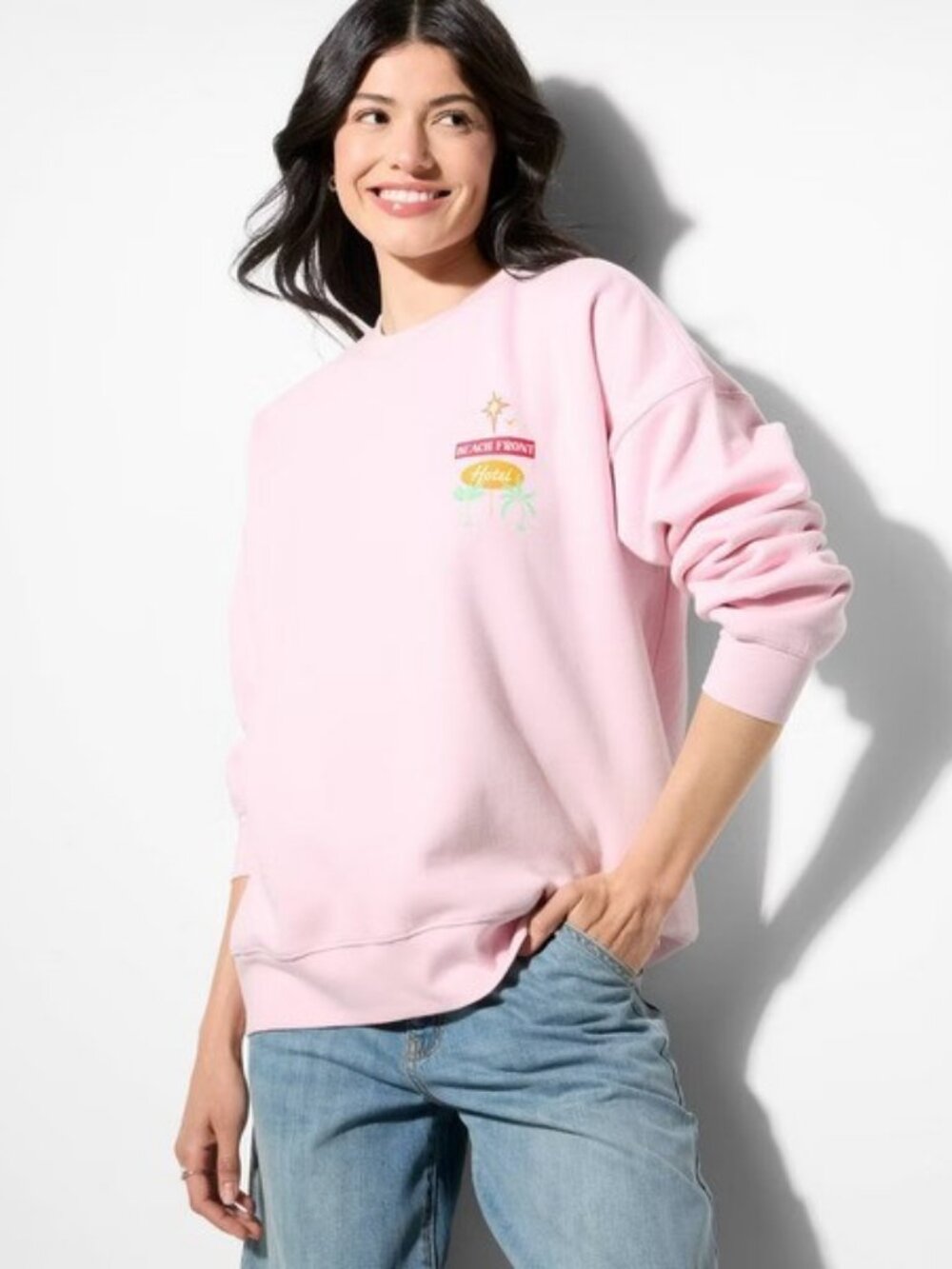 Wild Fable Oversized Graphic Sweatshirt Pullover in Light Pink Chenille Letter - Picture 2 of 8